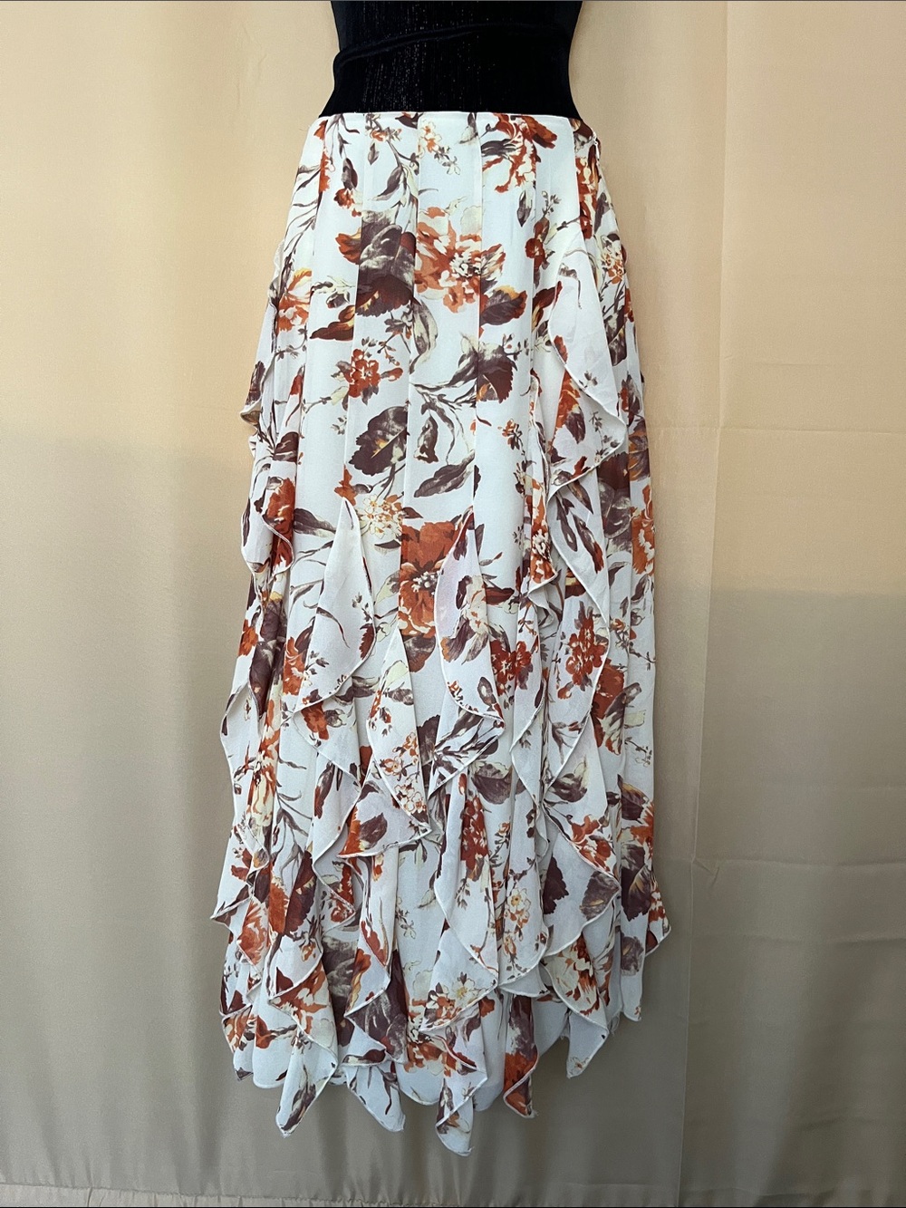 High-Low Ruffle Floral Skirt - White with Rust Floral